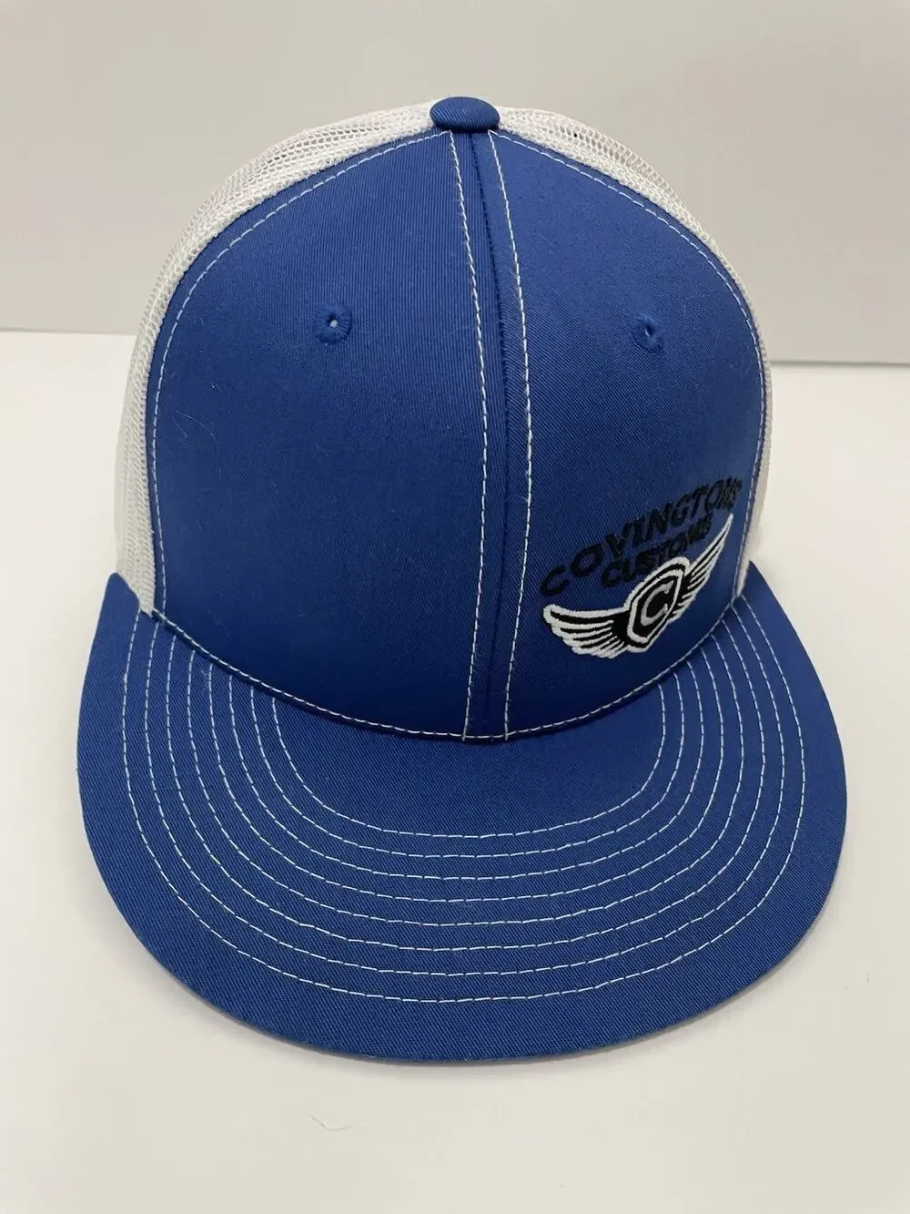 Covingtons Customs Trucker Hat Blue White Mesh Snapback Custom Motorcycle Cap